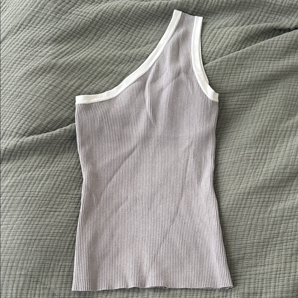 Gray Ribbed One-Shoulder Top